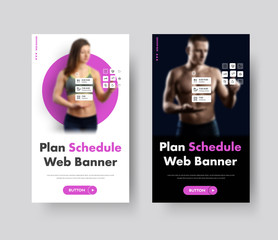Poster - Vector template of vertical web banners with place for photo and interactive daily routine interface.