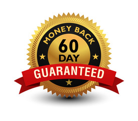 Golden glossy, top quality 60 day money back guaranteed badge, sign, seal, stamp, label with red ribbon on top isolated on white background.