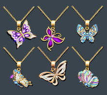 Illustration Of A Set Of Butterfly Pendants With Precious Stones