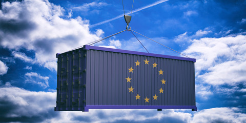 Poster - EU flag container on cloudy sky background. 3d illustration