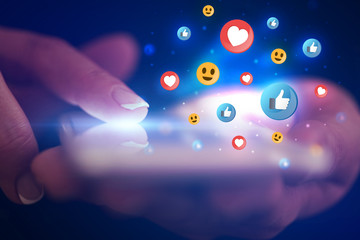 Aufkleber - Finger touching phone with social media concept and dark background