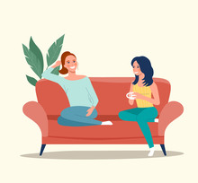 Girlfriends Are Sitting On The Sofa. Vector Flat Style Illustration