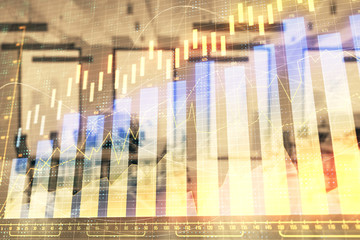 Stock market chart with trading desk bank office interior on background. Double exposure. Concept of financial analysis