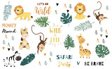 Fototapeta Fototapety na ścianę do pokoju dziecięcego - Safari object set with monkey,giraffe,zebra,lion,leaves. illustration for logo,sticker,postcard,birthday invitation.Editable element