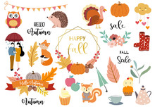 Autumn Object Collection With Pumpkin,owl,wreath,man,woman,couple.Illustration For Sticker,postcard,invitation,element Website.Included Hello Autumn And Fall Sale Wording