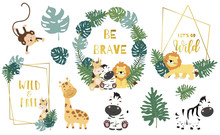 Safari Object Set With Monkey,giraffe,zebra,lion,leaves. Illustration For Logo,sticker,postcard,birthday Invitation.Editable Element