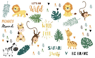 Wall Mural - Safari object set with monkey,giraffe,zebra,lion,leaves. illustration for logo,sticker,postcard,birthday invitation.Editable element