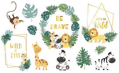 safari object set with monkey,giraffe,zebra,lion,leaves. illustration for logo,sticker,postcard,birt
