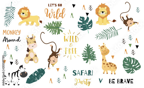 Fototapeta na szkło Obiekt Safari z małpą, żyrafą, zebrą, lwem, liśćmi. ilustracja logo, naklejki, pocztówki, zaproszenia urodzinowe