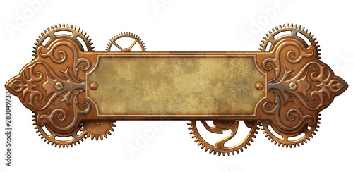 Leinwand Poster  Steampunk metal banner with clockwork mechanism