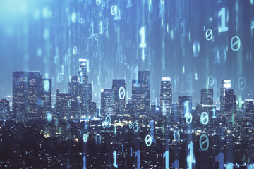 Aufkleber - Data theme hologram drawing on city view with skyscrapers background double exposure. Ai concept.