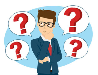 Wall Mural - Businessman thinking, question mark.Thinking, contemplating, asking, himself.Vector illustration