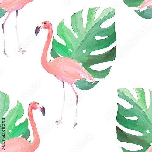 Summer seamless pattern with flamingo. Watercolor print. Hand drawn illustration