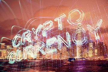 Multi exposure of cryptocurrency theme hologram drawing and city veiw background. Concept of blockchain and bitcoin.