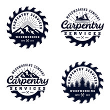 Vintage Badge Wood Carpentry Logo Template With Mountain And Tree Element And Sawmill Blue Color Isolated On White Background - Vector