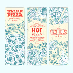 Wall Mural - Vertical banner set with pizza and product for cooking pizza. Italian food menu design template. Vintage hand drawn sketch vector illustration. Engraved style