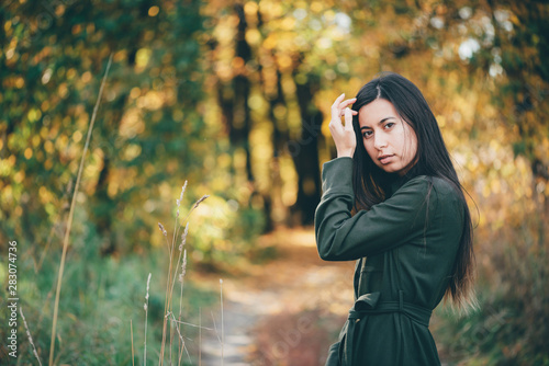 Female Beauty Portrait Surrounded By Vivid Foliage Dreamy Beautiful Girl With Long Natural Black Hair On Autumn Background With Colorful Leaves In Bokeh Inspired Girl Enjoys Nature In Autumn Forest Buy