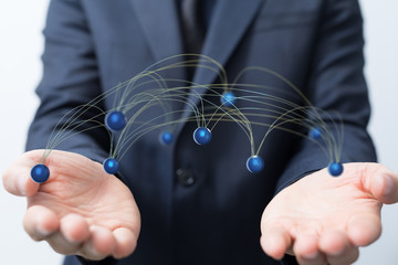 abstract futuristic - molecules technology with polygonal shapes on dark blue background.