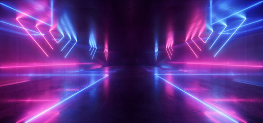 Neon Glowing Plasma Retro Cyber Virtual Purple Blue Luminous Fluorescent Tube Lights Abstract Grunge Concrete Tunnel Room Sci Fi Futuristic Stage Empty Night Background 3D Rendering