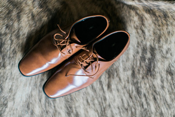 brown leather mens dress shoes on cowhide background