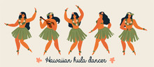 Hawaiian Hula Dancers Young Pretty Woman. Vector Illustration.