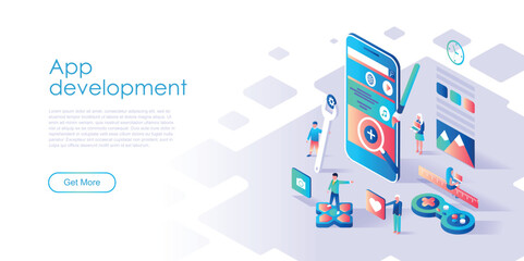 Modern flat design isometric concept of App Development for banner and website. Isometric landing page template. Mobile application, user and developer group. Vector illustration.