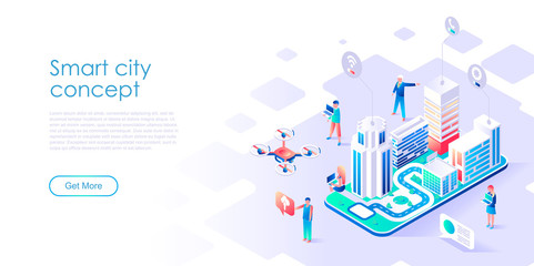 Modern flat design isometric concept of Smart City for banner and website. Isometric landing page template. Business center with skyscrapers, streets of the city connected roads. Vector illustration.