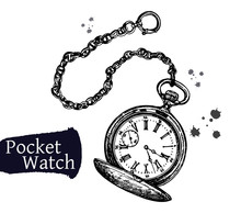 Hand Drawn Sketch Style Pocket Watch Isolated On White Background. Vector Illustration.