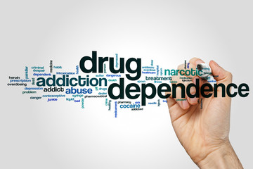 Sticker - Drug dependence word cloud concept on grey background