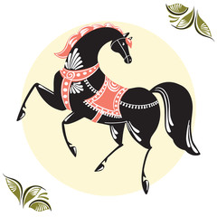 Wall Mural - Horse of floral russian traditional vector ethnic ornament Gorodets on yellow background for your design