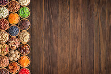 Nuts And Dried Fruit With Copy Space Table. Healthy Snacks On Top, Food Background.