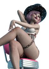 Cabaret Girl Cartoon On Chair Pin Up Pose Bottom View