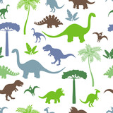 Fototapeta Dinusie - Seamless pattern with colorful dinosaur silhouettes