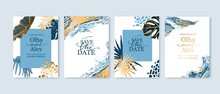 Set Of Elegant Brochure, Card, Background, Cover. Blue And Golden Marble Texture. Geometric Frame. Palm, Exotic Leaves. Save The Date, Invitation, Birthday Card Design.