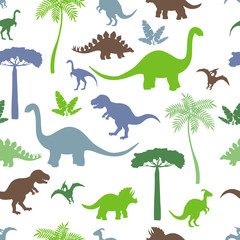 Poster - Seamless pattern with colorful dinosaur silhouettes