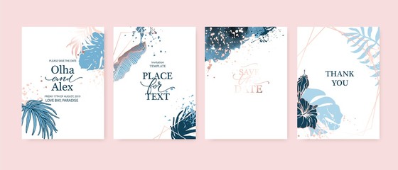 set of elegant fashion brochure, birthday card, background, cover. blue and goldenrose gold marble t