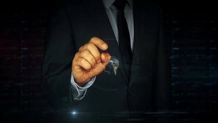 Wall Mural - A businessman in a suit touch the screen with artificial intelligence hologram. Man using hand on virtual display interface. Cybernetic brain, deep learning and cyber mind futuristic concept.