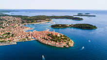 Beautiful Rovinj City Aerial View From Above The Adriatic Sea. The Old Town Of Rovinj, Istria, Croatia