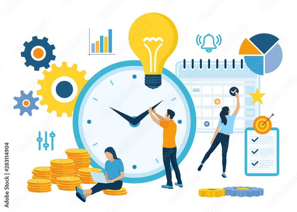 Time management planning, organization and control concept for effiecient succesful and profitable business. Concept of work time management. Business team. Vector illustration with characters. - obrazy, fototapety, plakaty 