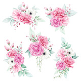 Fototapeta Kwiaty - Set of watercolor flowers bouquet elements for wedding invitation cards composition