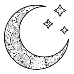 Wall Mural - Crescent moon with stars with abstract patterns on isolation background. Design for spiritual relaxation for adults. Black and white illustration for anti stress colouring page