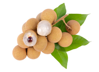 Wall Mural - fresh longan fruits with leaf isolated on white background, top view.