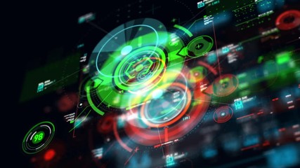 Poster - Futuristic user interface HUD GUI digital text number element for cyber technology concept with shallow depth of field dark and grain processed