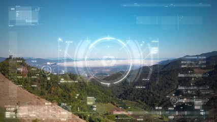 Poster - Drone shot flying aerial view with User interface text graph bar and target pointer element futuristic and cyber technology 