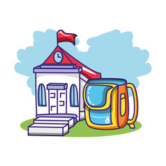 Sticker - school building with school bag isolated icon