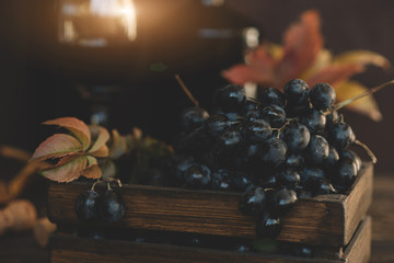 Wall Mural - Red wine and grapes background. Wine and grapes in vintage setting with corks on wooden table. Toned image. Selective focus.