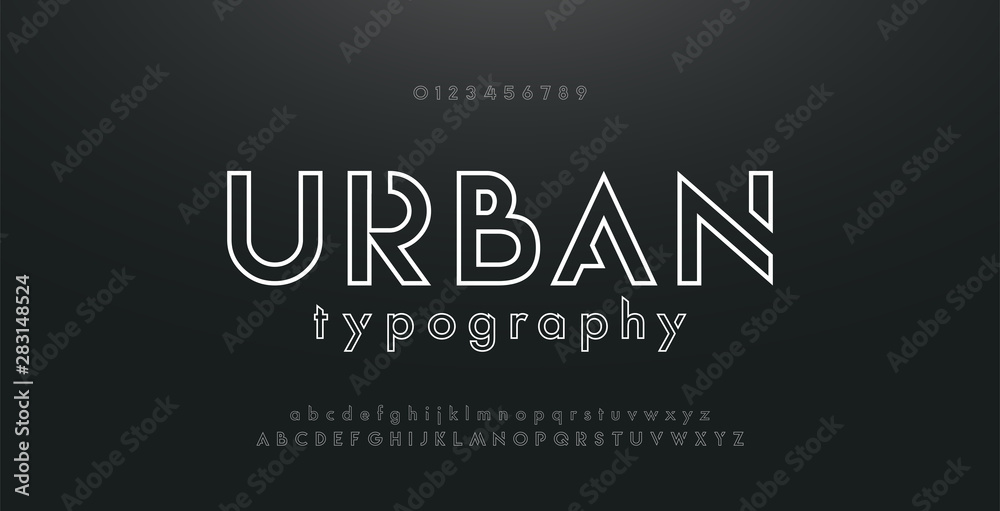 Abstract urban thin line font alphabet. Minimal modern fonts and numbers. Typography typeface uppercase lowercase and number. vector illustration - obrazy, fototapety, plakaty 