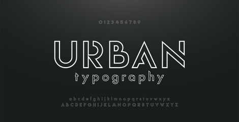 Wall Mural - Abstract urban thin line font alphabet. Minimal modern fonts and numbers. Typography typeface uppercase lowercase and number. vector illustration