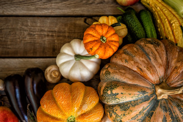 Wall Mural - Frame of organic food. Vegetables and fruits on vintage table.