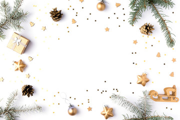 christmas frame made of fir branches, cones, gold stars and decorations. christmas wallpaper. 2020 b